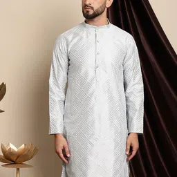 Anouk Geometric Embroidered Band Collar Silk Cotton Regular Kurta-image-55