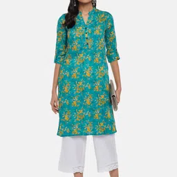 RANGMANCH BY PANTALOONS Women Teal Floral Printed Thread Work Kurta-image-74