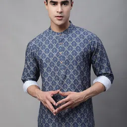 Anouk Blue & White Ethnic Motif Printed Band Collar Short Kurta-35