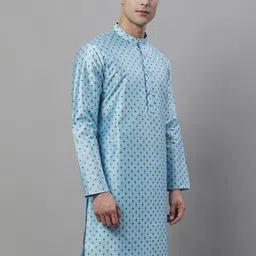 Anouk Turquoise Blue Ethnic Motifs Woven Design Band Collar Jacquard Kurta-picture-41