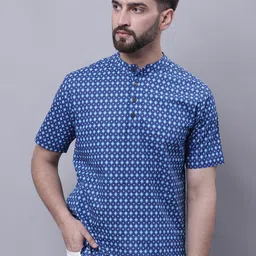 even Geometric Printed Band Collar Pure Cotton Kurta-image-14