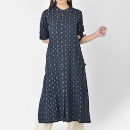 Pistaa Women Navy Blue Geometric Ikat Printed Thread Work A-Line Kurta-7