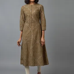 W Women Green Geometric Printed Thread Work Kurta-image-88