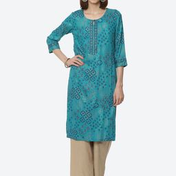 Rangriti Women Blue Printed Keyhole Neck Straight Kurta-image-27