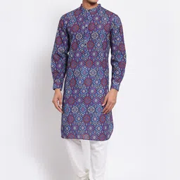 Style Quotient Men Blue & Purple Ethnic Motifs Screen Printed Kurta-image-15