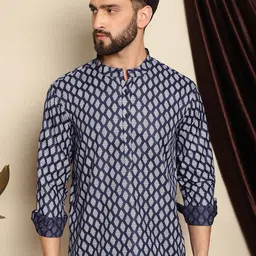 Anouk Ethnic Motifs Printed Band Collar Cotton Linen Straight Kurta-picture-22