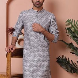 Anouk Grey Floral Printed Band Collar Regular Pure Cotton Kurta-47