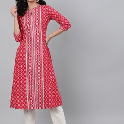 KIMAYRA Women Coral & Silver Ethnic Motifs Printed Kurta-image-12