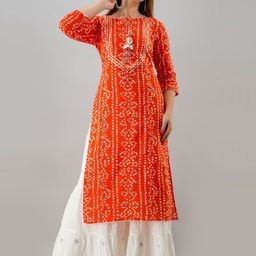 HERE&NOW Orange Tie Up Neck Bandhani Printed Gotta Patti Kurta-image-61