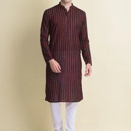 NAMASKAR Men Black Geometric Printed Cotton Kurta-picture-14