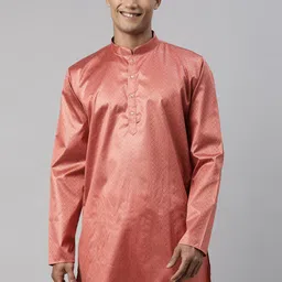 TATTVA Men Peach-Coloured Ethnic Motifs Thread Work Kurta-2