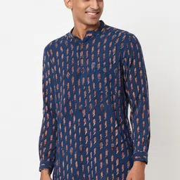 Fabindia Men Blue Cotton Printed Slim Fit Short Kurta With Cuff-picture-24