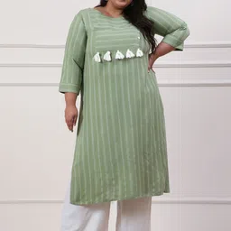 Jaipur Kurti Round Neck Striped Printed Thread Work Straight Kurta-image-79