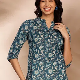 Anouk Blue & Beige Floral Printed Band Collar Straight Kurti-image-45