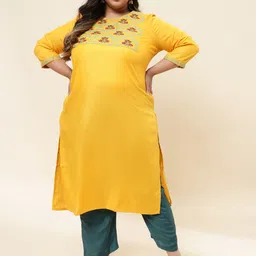 Sringam Plus Size Floral Yoke Design Thread Work Cotton Kurta-56