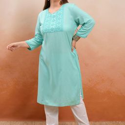 Vishudh Women Plus size Blue Ethnic Motifs Yoke Design Thread Work Straight Kurta-13