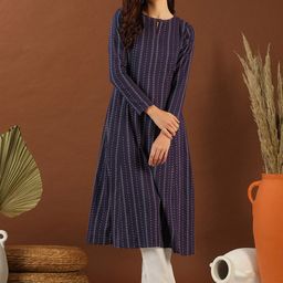 MASSTANI BY INDDUS Ethnic Woven Design Round Neck Panelled Cotton A-Line Kurta-36