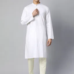 MANQ Men White Mandarin Collar Straight Cotton Kurta-image-73