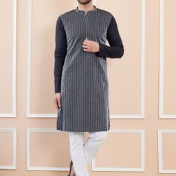 See Designs Striped Mandarin Collar Thread Work Pure Cotton Straight Kurta-picture-38