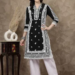 plusS Black Floral Embroidered Thread Work Cotton Straight Kurta-image-27