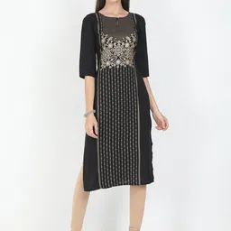 Marcia Women Black & Gold-Toned Floral Keyhole Neck Thread Work Kurta-image-96