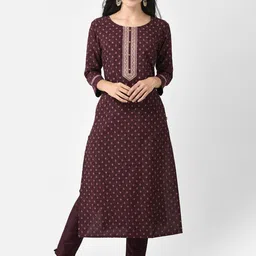 Span Ethnic Motifs Printed Round Neck Thread Work Straight Kurta-16