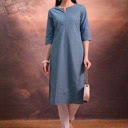 Vishudh Blue Floral Embroidered Notched Neck Straight Kurta-image-46