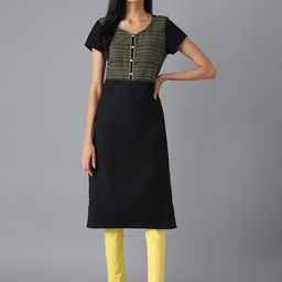 AURELIA Women Black Geometric Yoke Design Pure Cotton Straight Kurta-picture-7