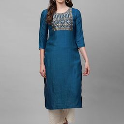 Indo Era Women Blue & Gold-Toned Ethnic Motifs Yoke Design Thread Work Kurta-image-14