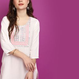 V-Mart Geometric Yoke Design Round Neck Three-Quarter Sleeves Thread Work Cotton Kurta-picture-5