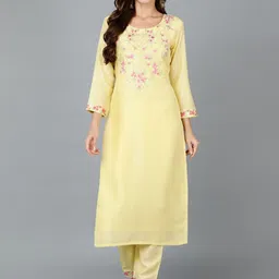 KALINI Floral Yoke Design Round Neck Thread Work Straight Kurta-image-42