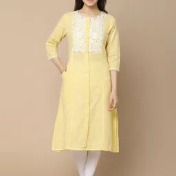 V-Mart Floral Yoke Design Thread & Mirror Work Cotton Straight Kurta-image-47