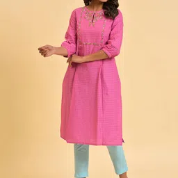 W Pink Keyhole Neck Woven Design Thread Work Pure Cotton Kurta-48