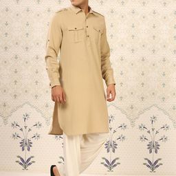 Ode by House of Pataudi Beige Pure Cotton Pathani Kurta-image-47