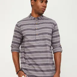max Striped Cotton Mandarin Collar Roll-Up Sleeves Kurta-image-16