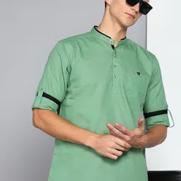 Kuons Avenue Mandarin Collar Roll Up Sleeves Linen Cotton Kurta-picture-20