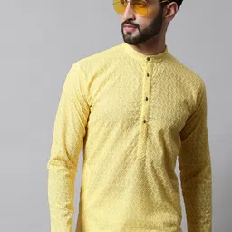Jompers Men Yellow Woven Design Thread Work Kurta-picture-42