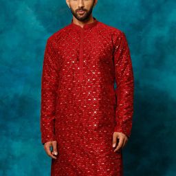 VASTRAMAY Embellished Mirror Work Mandarin Collar Straight Kurta-image-71