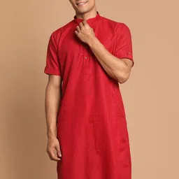 VASTRAMAY Mandarin Collar Roll-up Sleeves Cotton Straight Kurta-picture-18