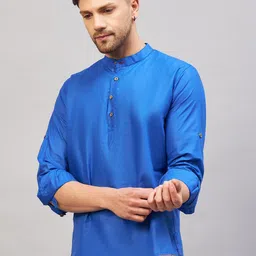 VASTRAMAY Band Collar Roll-Up Sleeves Cotton Straight Kurta-image-91