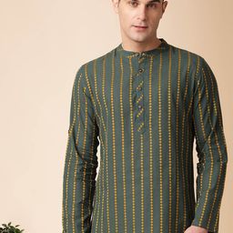 Anouk Green Striped Mandarin Collar Long Sleeves Cotton Straight Kurta-image-94