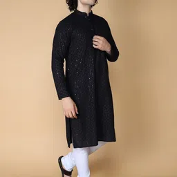NAMASKAR Ethnic Motifs Chikankari Sequinned Pure Cotton Straight Kurta-picture-55