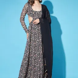 Cation Floral Printed Cut-Outs Maxi Ethnic Dress With Dupatta-image-24