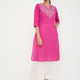 max Ethnic Motifs Yoke Design Thread Work Notched Round Neck Cotton Straight Kurta-47
