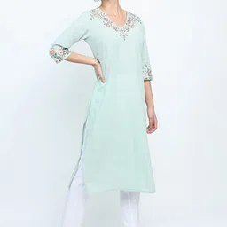 Vishudh Women Green Ethnic Motifs Embroidered Thread Work Cotton Kurta-21