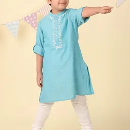 Fabindia Boys Floral Embroidered Cotton Chikankari Band Collar Straight Kurta-38
