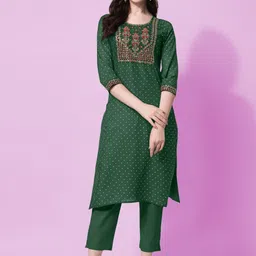 KALINI Women Green Ethnic Motifs Yoke Design Thread Work Kurta-16