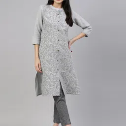Marcia Women Grey Ethnic Motifs Printed Mandarin collar Three Quarter Sleeve Kurta-image-30