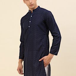 Anouk Navy Blue Geometric Embroidered Mandarin Collar Pure Cotton Kurta-image-55