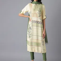 AURELIA Women Green Floral Checked Keyhole Neck Kurta-image-92
